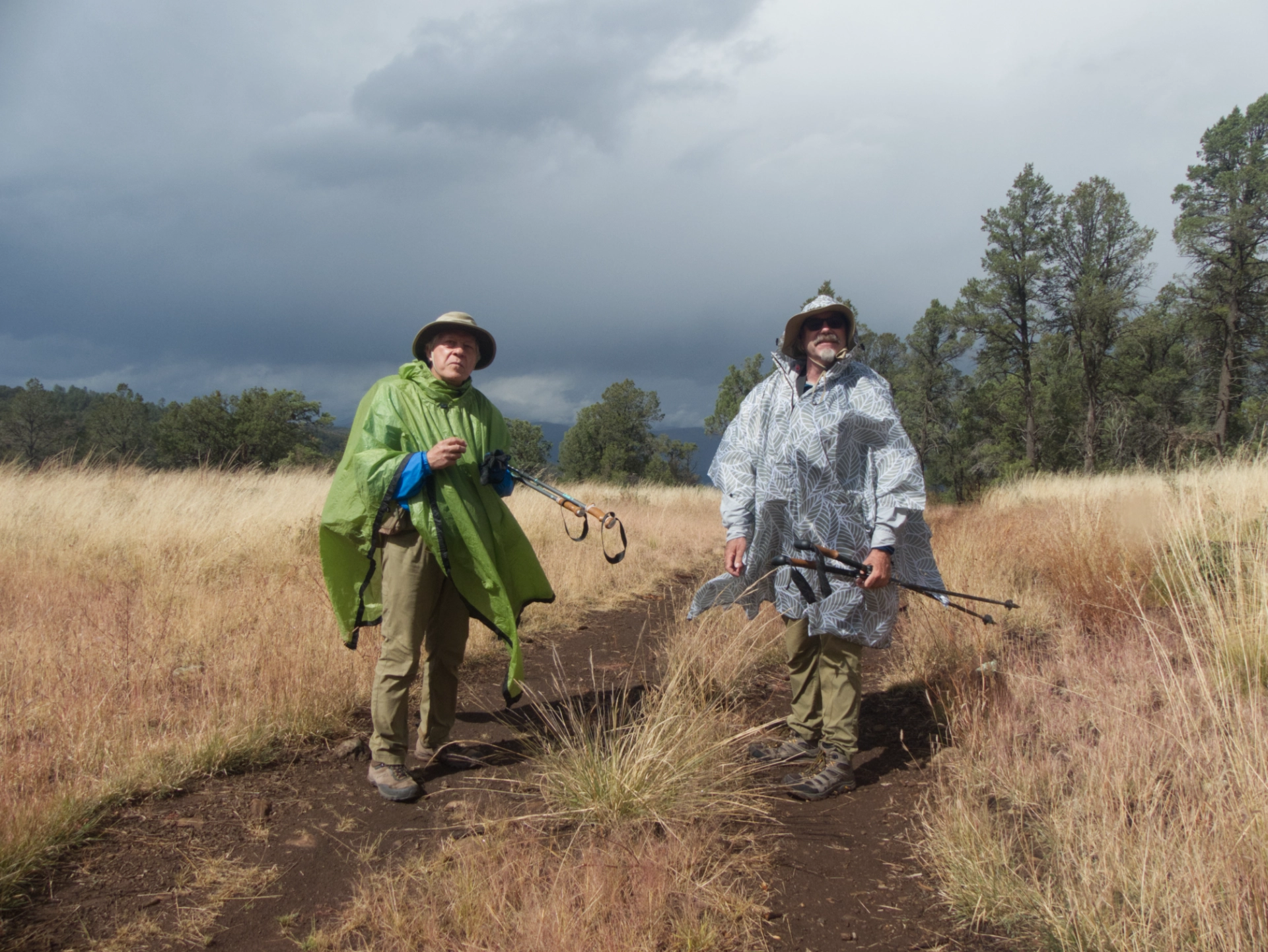 two hikers in rain ponchos in a high grassy meadow