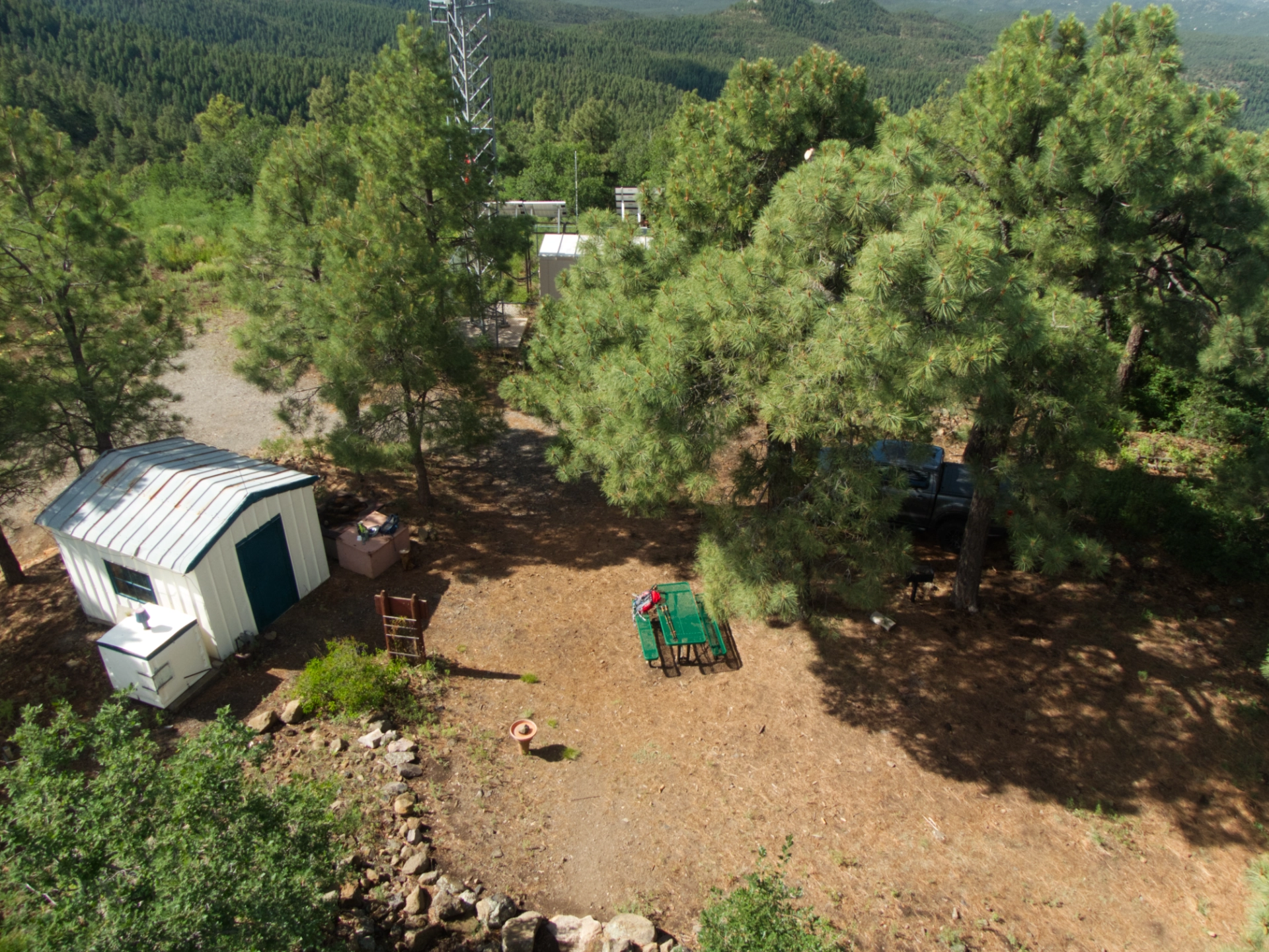 nicely kept yard below the tower, seen from above