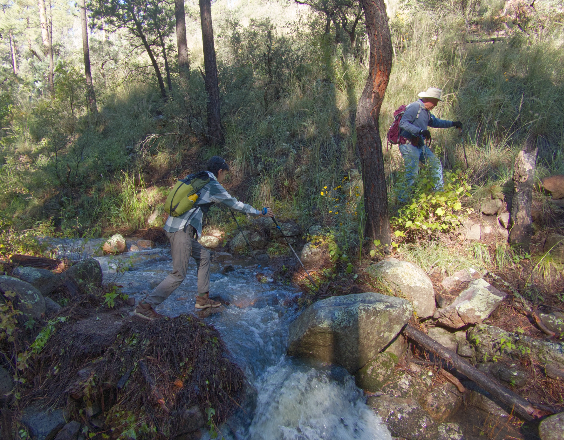 hikers crossing a creek