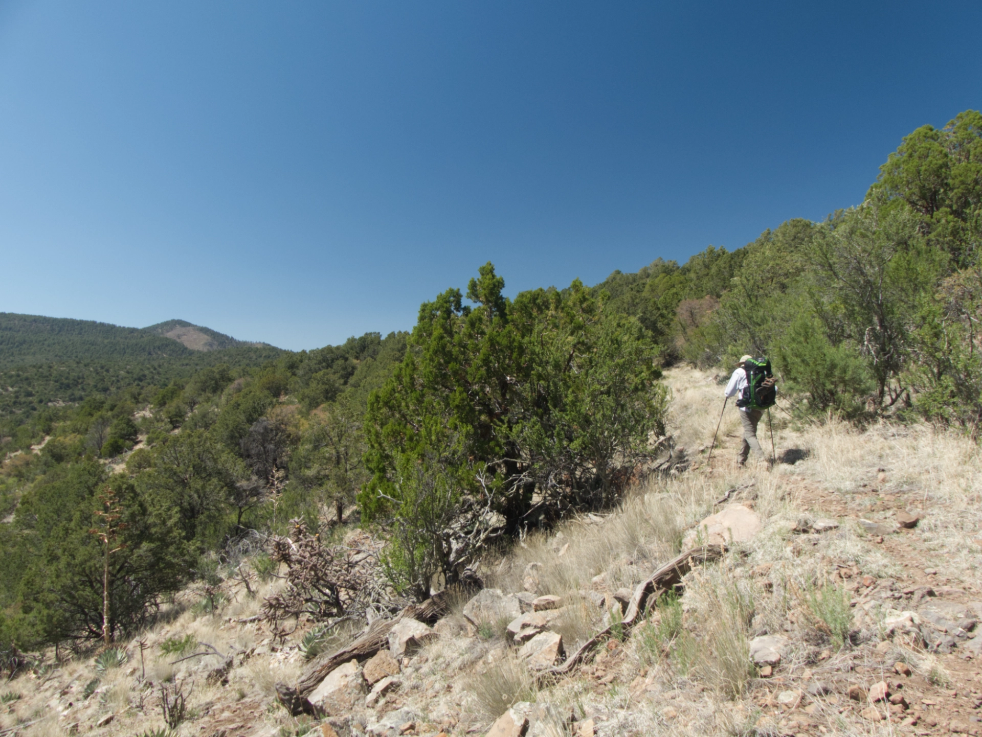 hiker on rocky trail with distant views