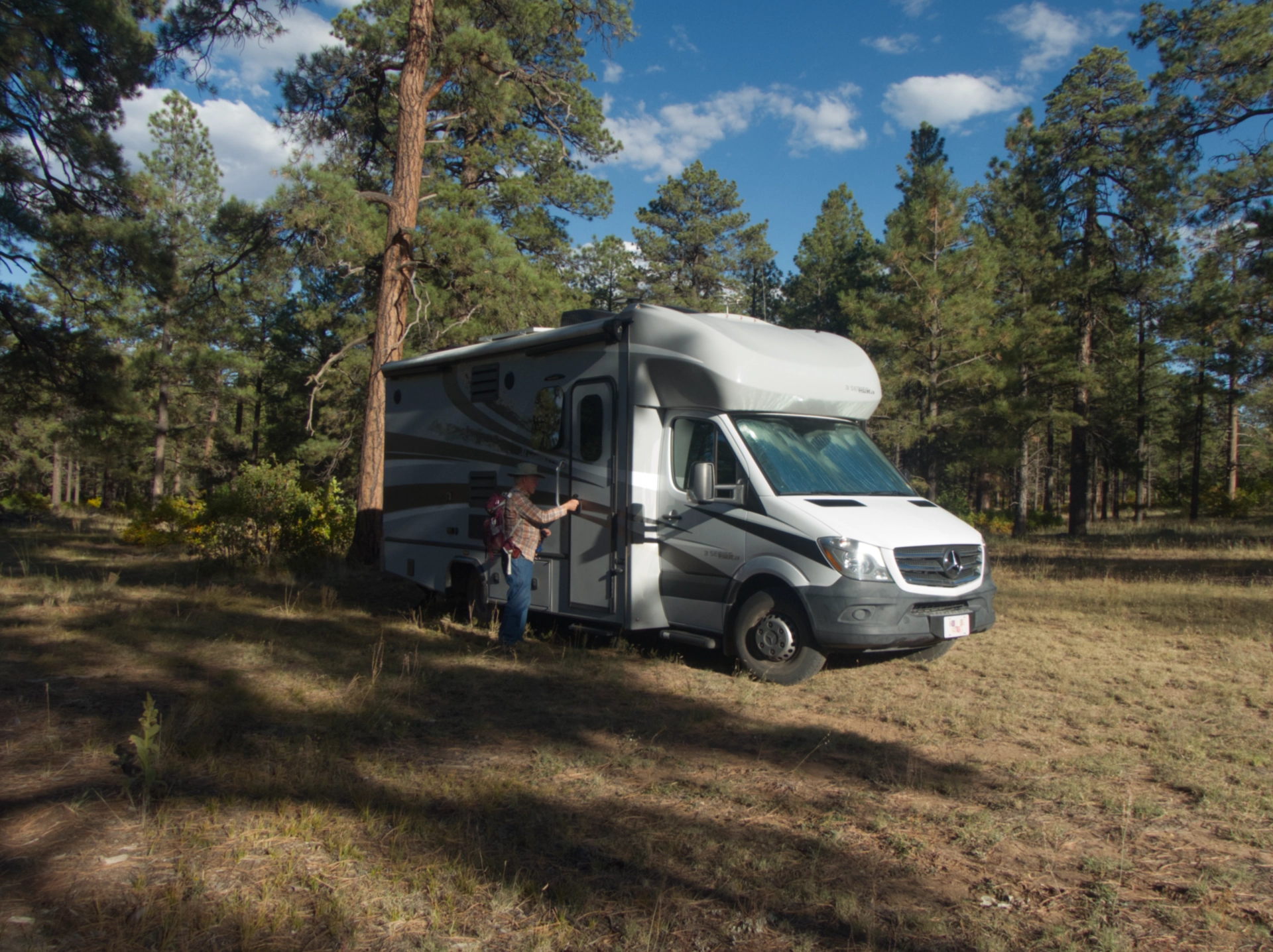 RV parked just off a forest road