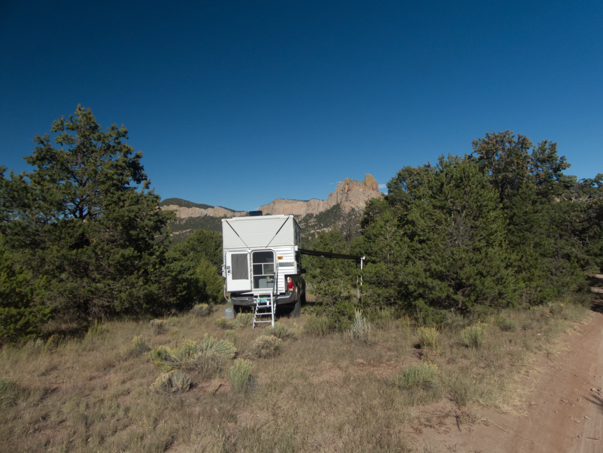 truck camper with a view of the Sawtooth Mountains