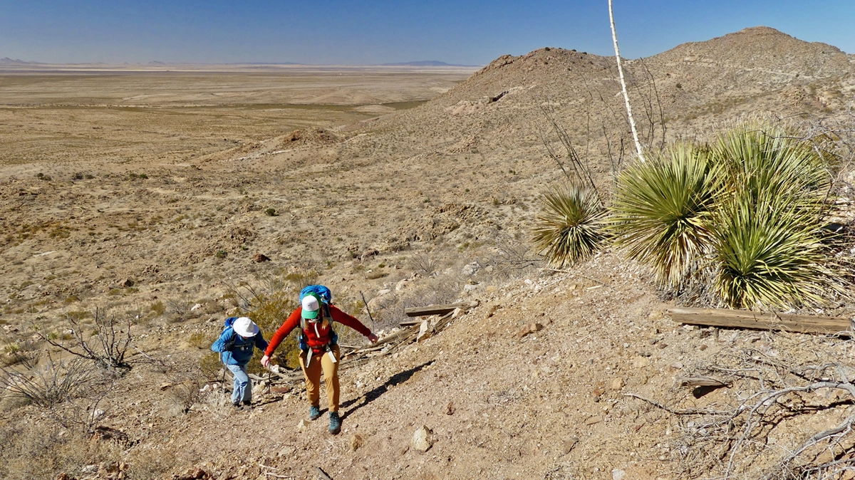 scrambling up the hill