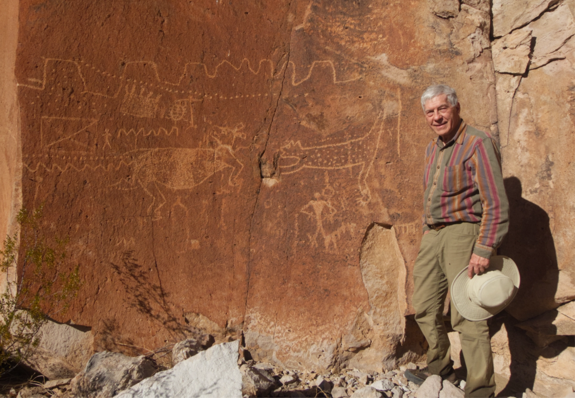 Dennis by the jaguar petroglyph